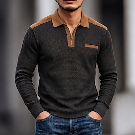 Men's Waffle Polo Shirts Casual Vacation Turndown Long Sleeve Fashion Leisure Solid Color Textured Color Block Buttons Fall Winter Fall Regular Blue Black Dar