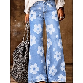 Women's Jeans Denim-look Wide Leg Chinos Vacation Vintage Basic Full Length High Waist Floral Graphic Flower / Floral Print Breathable Inelastic Daily Daily We