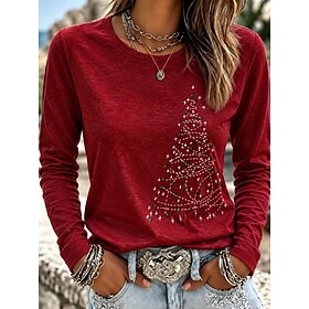Christmas Women's T Shirt Print Graphic Christmas Tree Vintage Fashion Stylish Long Sleeve Crew Neck Regular Tops Casual Daily Weekend Black Pink Red Green Spr