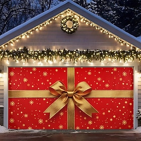 Christmas Garage Door Cover, 3D Red Gift Box and Bow Print Garage Door Banner, Festive Holiday Present Design for Outdoor Christmas Decorations and Garage Door