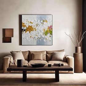 Modern Abstract Wall Art Canvas Painting 39.4x39.4 Inch, Unframed Colorful Textured Oil Painting, White Yellow and Green Floral Inspired Artwork for Living Roo