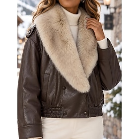 Women's Cropped Jacket Faux Leather Jacket Waterproof Windproof Fur Trim Pocket Buttons Elegant Plain Casual Outdoor Double Breasted Regular Turndown Long Slee