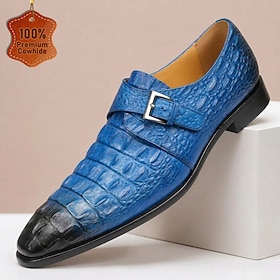 Men's Genuine Leather Blue Crocodile Embossed Loafers Slip On Dress Shoes Luxury Fashion Formal Shoes Classic Vintage Business Casual Wedding Party Evening Wea