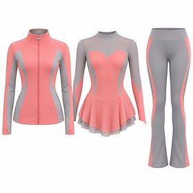 Figure Skating Dress with Jacket and Pants Women's Ice Skating Outfits Pink Patchwork Asymmetric Hem Stretchy Training Competition Skating Wear Classic Crystal