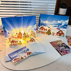 3D Pop Up Christmas Greeting Card, Light Up Musical Christmas Village Card with Snowy Houses, Handmade Style Christmas Card for Winter Holiday Gifts and Season