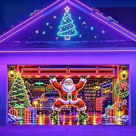 Blacklight Christmas Garage Door Cover, UV Reactive Fluorescent Santa Claus Gift Workshop Print Garage Door Banner, Colorful Christmas Holiday Backdrop for Out