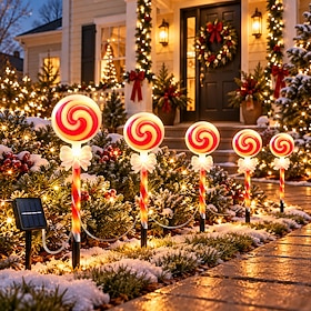 Christmas Solar Lollipop Pathway Lights, Warm White LED Candy Cane Stake Lights, 8 Lighting Modes, Solar Powered Waterproof Outdoor Decorations for Yard, Lawn,