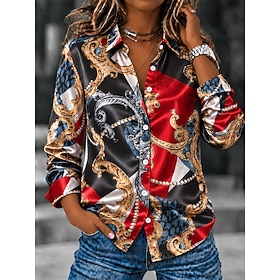 Women's Stain Shirt Buttons Print Geometric Color Block Elegant Vintage Daily Long Sleeve Shirt Collar Long Tops Casual Daily Work Blue Red Green Summer Spring