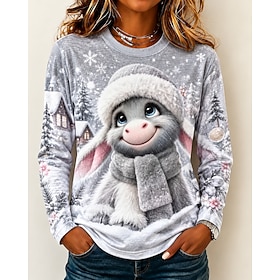 Christmas Women's T Shirt Print Graphic Animal Cat Vintage Stylish Classic Long Sleeve Crew Neck Round Neck Regular Tops Casual Daily Blue Yellow Pink Gray Sum