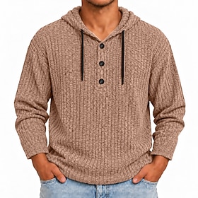 Men's Ribbed Knit tee Tee Top Long Sleeve Hooded Henley Spring Spring Fall All Seasons Solid Color Daily Casual Street Style Hooded Casual Outdoor Street Lig