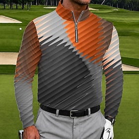 Men's Color Block Geometic Polo Long Sleeve Polo Shirts Grandad Collar Casual Outdoor Sports Daily Wear 3D Print Quarter Zip Polo Fall  Winter Spring Yellow Pu