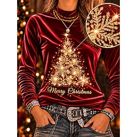 Christmas Women's Velvet Tunic Tee Print Rhinestone Ombre Graphic Santa Claus Elegant Vintage Fashion Long Sleeve Turtleneck High Neck Regular Tops Casual Dail