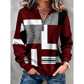 Women's Pullover Sweatshirt Patchwork Zipper Graphic Geometric Abstract Vintage Western Retro Long Sleeve High Neck Half Zip Regular Tops Casual Dailywear Holi