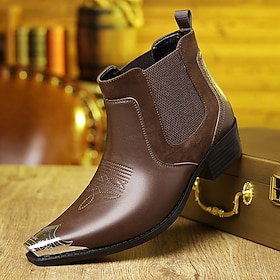 Men's Pointed-Toe Chelsea Ankle Boots with Elastic Side Panels and Metallic Toe Cap, Vintage Western Style for Smart Casual Outfits, Parties, Stage Performance