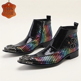 Men's Genuine Leather Western Cowboy Ankle Boots Black Rainbow Metallic Colorblock Pointed Toe Side Buckle Block Heel Fashion Rockabilly Dress Boots for Partie