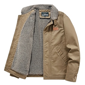 Men's Winter Coat Fleece Jacket Casual Jacket Casual Daily Thermal Warm Pocket Full Zip Fall Winter Solid Color Streetwear Daily Turndown Regular Black Khaki A