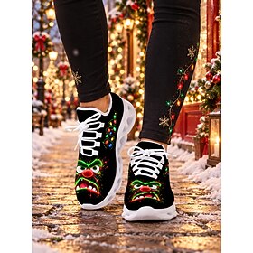 Women's Black Christmas Funny Graphic Slip On Sneakers – Holiday Print Low Top Shoes with Festive LED Light Design, Casual Sneakers for Christmas Parties, Wint
