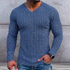 Homme T-shirt Chemise polaire Chemise de fond T-shirt en tricot côtelé manche longue Col en V Automne  Hiver Printemps Automne Couleur Unie Texturé Chaud Tradi