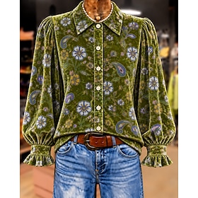 Women's Velvet Shirt Floral Graphic Elegant Vintage Fashion Long Sleeve Shirt Collar Regular Tops Casual Daily Streetwear Blue Yellow Red Green Spring Fall Win
