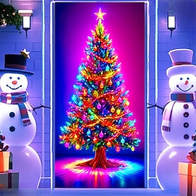 Blacklight Christmas Door Cover, Colorful Christmas Tree 3D Optical Illusion UV Reactive Front Door Banner, Glow Holiday Door Decoration for Outdoor Entryway D