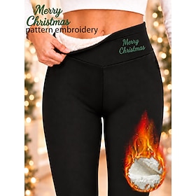 Women's Christmas Embroidered Fleece Pants Tights Leggings Vacation Fashion Basic Full Length High Waist Solid Color Plain Thermal Warm Soft Breathable Stretch