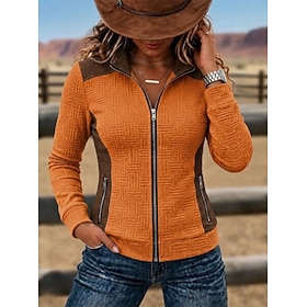 Women's Textured Sweatshirts Zip Up Sweatshirts Zip Up Patchwork Geometric Casual Long Sleeve Turtleneck Long Tops Casual Street Holiday White Orange Light Gre