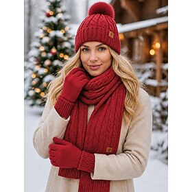 Women's Polyester Knit Hat Scarf Gloves Set, Fleece Lined Winter Warm 3 Piece Accessory Set with Pom Pom Beanie, Long Scarf and Touchscreen Gloves for Christma