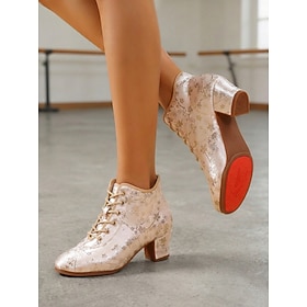 Women's Satin Floral Lace-Up Dance Boots – Round Toe Dance Ankle Booties Feature Rubber Sole Block Heel for Ballroom Practice, Dance Classes Stage Performanc