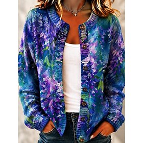 Women's Sweater Fashion Daily Casual Floral Graphic Geometric Crew Neck Buttons Print Long Sleeve Regular Tops Knit Daily Outdoor Weekend Blue Yellow Summer Sp