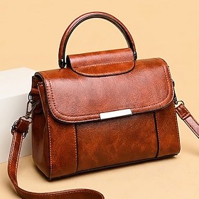 Women's Vintage Structured Handbag Faux Leather Top Handle Crossbody Bag, Classic Solid Color Shoulder Purse with Large Capacity Multiple Compartments and Adju