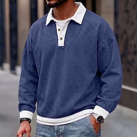DenimTone™ Men's Denim Polo Casual Vacation Turndown Long Sleeve Fashion Leisure Color Block Classic Color Block Fall  Winter All Seasons Loose Fit Pink Navy B
