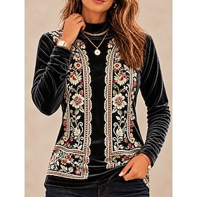 Women's Tunic Tee Embroidered Print Ombre Floral Graphic Elegant Vintage Fashion Long Sleeve High Neck Regular Tops Casual Daily Going out Blue White Black Spr