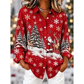Christmas Women's Blouse Buttons Print Graphic Santa Claus Vintage Stylish Classic Long Sleeve Shirt Collar Regular Tops Casual Daily Holiday Blue Red Green Sp