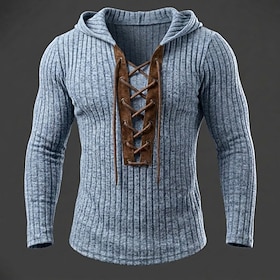 Men's T Shirt Fleece Shirt Bottoming Shirt Ribbed Knit tee Long Sleeve Hooded Henley Fall Winter Spring Fall Solid Color Striped Textured Warm Traditional / V