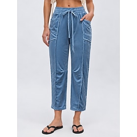 Women's Wide Leg Velvet Pants Elegant Fashion Sport Full Length Medium Waist Solid Color Plain Pocket Stylish Comfort Inelastic Casual Daily Wear Blue Golden y