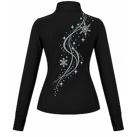 Figure Skating Fleece Jacket Women's Ice Skating Jacket Top Black Patchwork Stretchy Training Competition Skating Wear Crystal / Rhinestone Long Sleeve Ice Ska