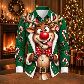 Christmas Men's Elk Christmas Animal Button Up Shirt Casual Dress Shirt Long Sleeve Fashion Casual Casual Vacation New Years Eve Shirts Summer Spring Fall Turn