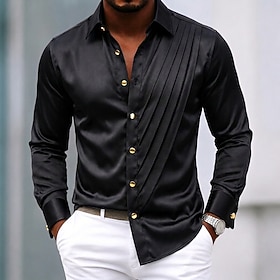 Men's Shirt Satin Shirt Dress Shirt Casual Shirt Button Up Shirt Prom Shirt Plain Party Wedding Blue White Light Blue Black Long Sleeve Lapel Spring All Season