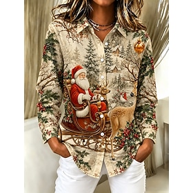 Christmas Women's Shirt Animal Santa Claus Deer Elegant Vacation Vintage Long Sleeve Shirt Collar Regular Tops Casual Daily Streetwear Khaki Summer Spring Fall