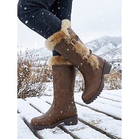 Women's Winter Fur Trim Mid-Calf Snow Boots – Cozy Faux Fur Lined Tall Boots with Buckle Strap Detail  Chunky Lug Sole for Snow Outdoor Walking, Winter Travel,