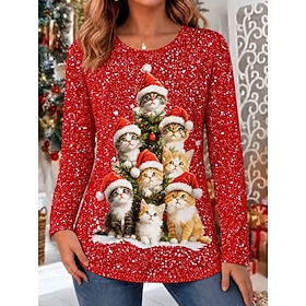 Christmas Women's Blouse Animal Cat Santa Claus Fashion Stylish Classic Long Sleeve Crew Neck Round Neck Regular Tops Casual Daily Sports Red Spring Fall Winte