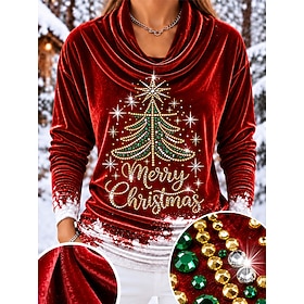 Christmas Women's Sequins Rhinestone Velvet Elegant Tunic Tee Print Rhinestone Ombre Graphic Santa Claus Elegant Vintage Fashion Long Sleeve Turtleneck High Ne