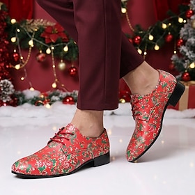 Men's Red Green Christmas Floral Print Oxford Dress Shoes Lace Up Low Heel Vintage Elegant Formal Holiday Fashion Shoes for Xmas Party Christmas Dinner Wedding