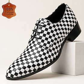 Men's Genuine Leather Lace Up Dress Shoes with Black and White Checkerboard Pattern, Fashion Statement Oxfords for Modern Gentleman, Business Casual, Wedding a