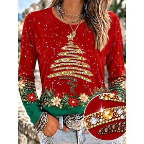 Christmas Women's 100% Cotton Cotton Shirt Rhinestone Floral Graphic Christmas Tree Stylish Classic Casual Long Sleeve Crew Neck Round Neck Regular Tops Casual