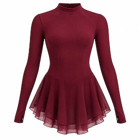 Figure Skating Dress Women's Ice Skating Dress Burgundy Patchwork Asymmetric Hem Stretchy Training Competition Skating Wear Classic Long Sleeve Ice Skating Fig
