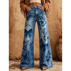 Women's Jeans Wide Leg Pants Trousers Vacation Vintage Basic Full Length High Waist Floral Graphic Butterfly Comfy Comfort Comfortable Inelastic Casual Daily D
