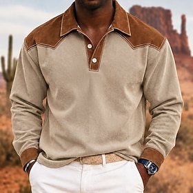 CordHeritage™ Men's Corduroy Polo Casual Vacation Turndown Long Sleeve Fashion Leisure Solid Color Patchwork Classic Splice Fall Winter Regular White Navy Blu