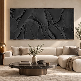 Modern Abstract Wall Art Canvas Painting 39.4x59.1 Inch, Black Textured Geometric Oil Painting, Large Horizontal Minimalist Artwork for Living Room Bedroom Off