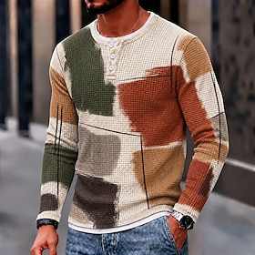 Men's Graphic Geometric Color Block Waffle Henley Shirt Casual Style Classic Style Long Sleeve Fashion Designer Basic Casual Daily Outdoor Spring Spring Fall